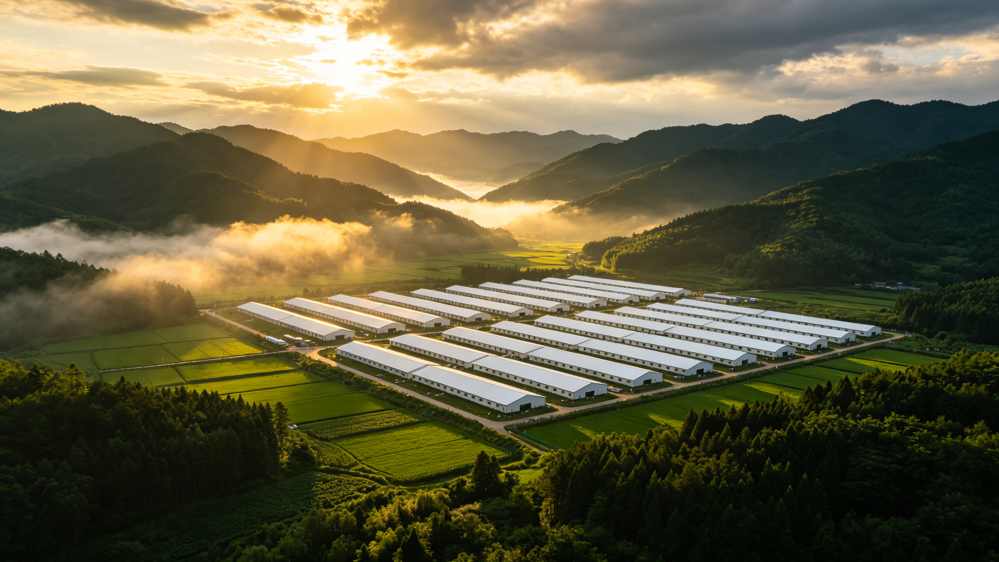 坐落于青山之间的绿色生态生猪养殖基地航拍全景